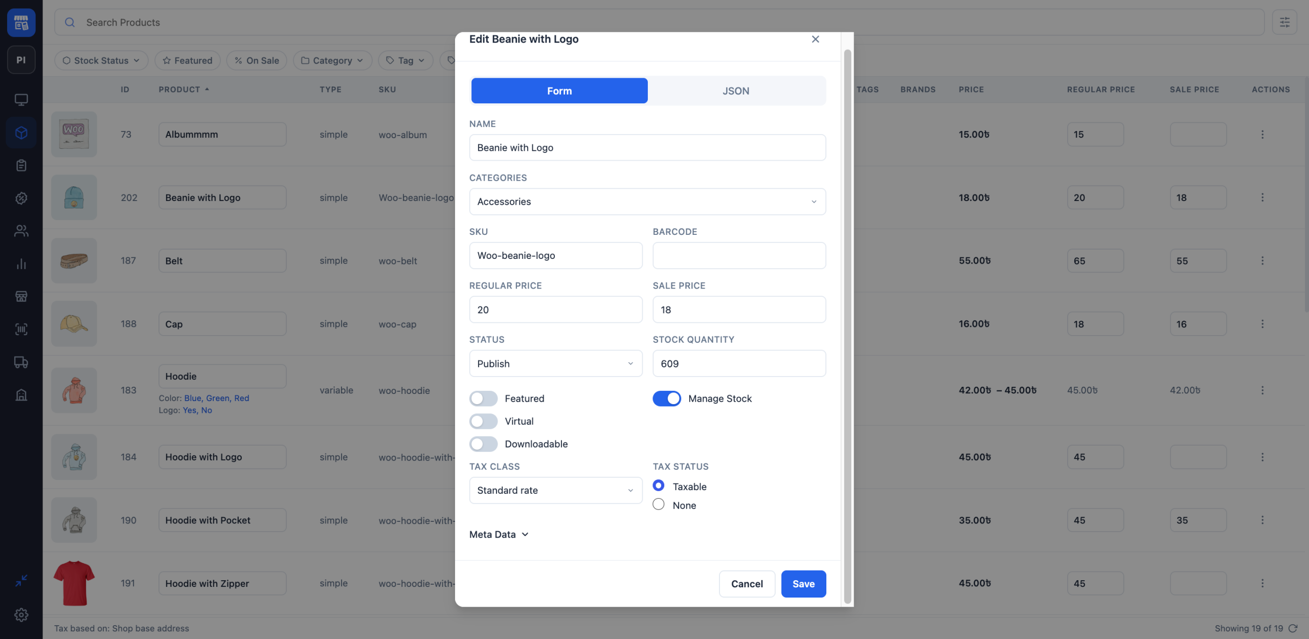 choPOS product editor for Beanie with Logo showing its SKU, stock quantity and enabled Manage Stock setting