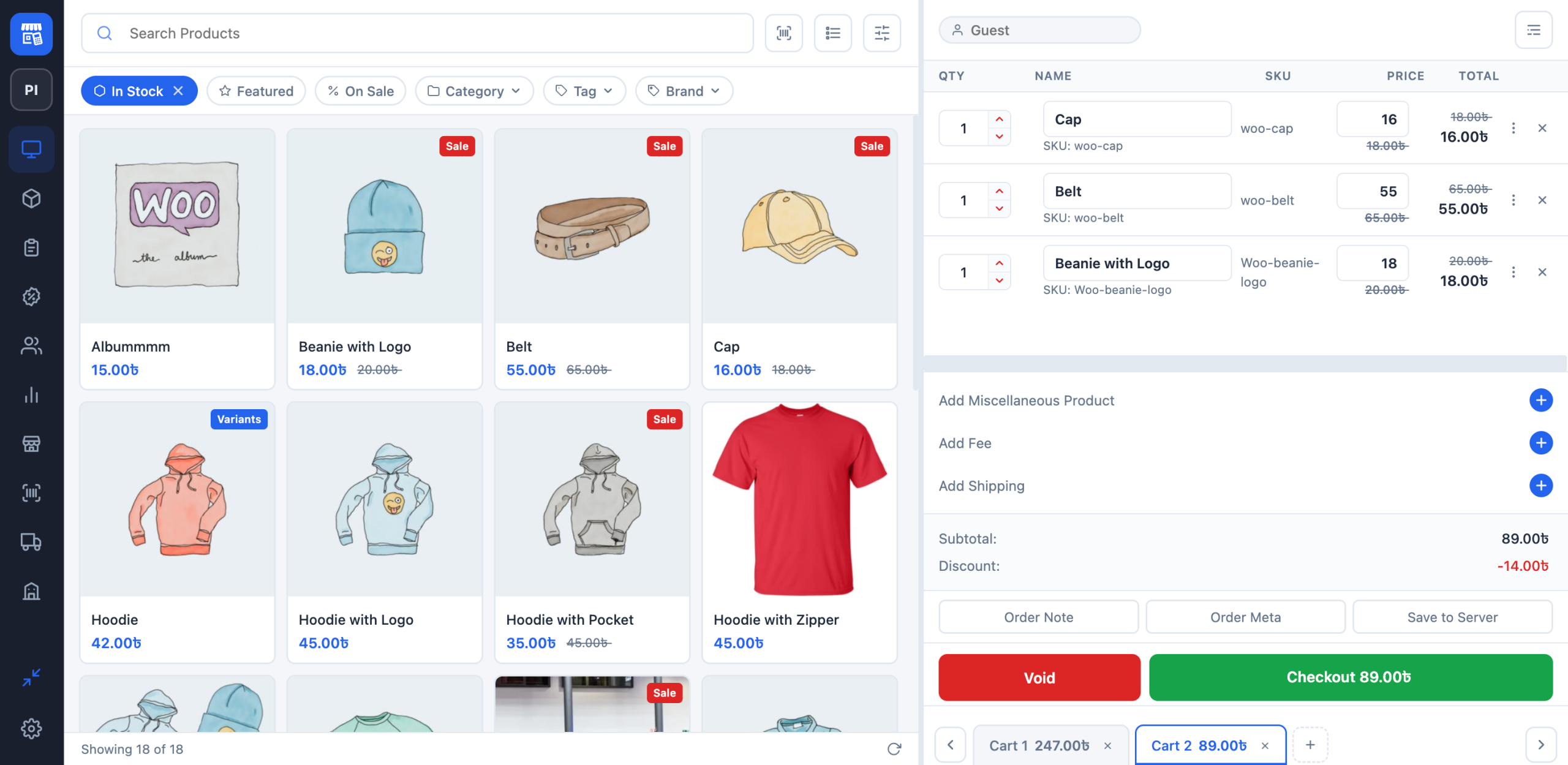 choPOS terminal showing WooCommerce products, product SKUs and a three-item counter cart