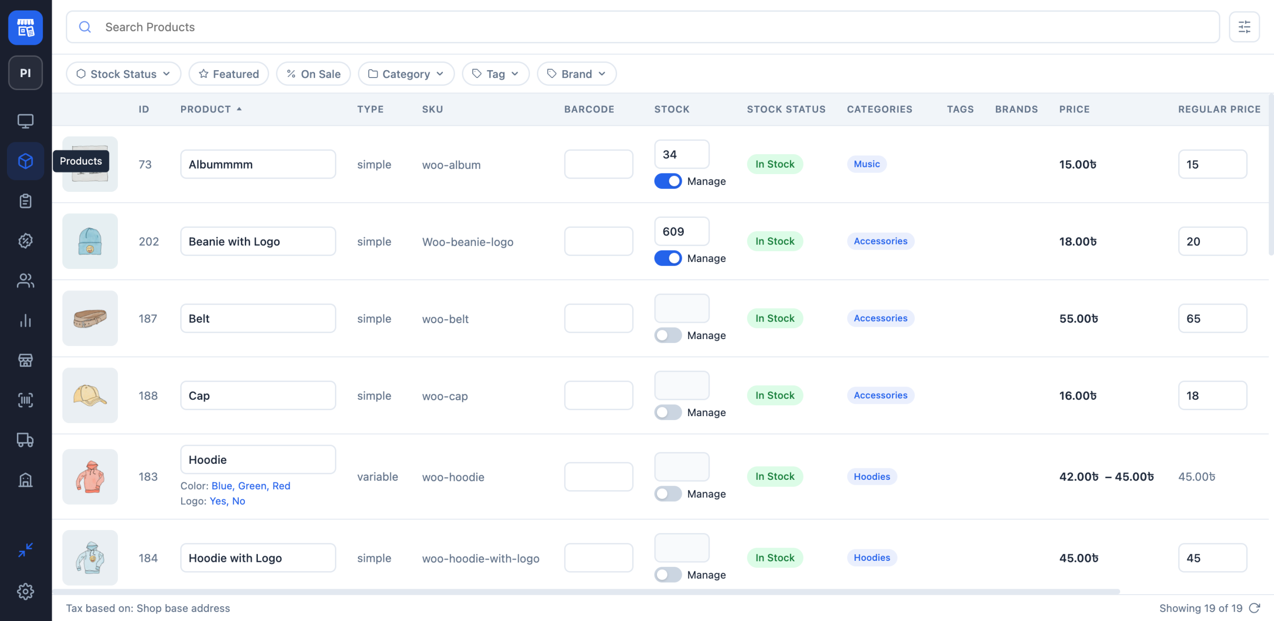 choPOS product inventory list showing SKU, stock quantity, Manage stock controls and stock status