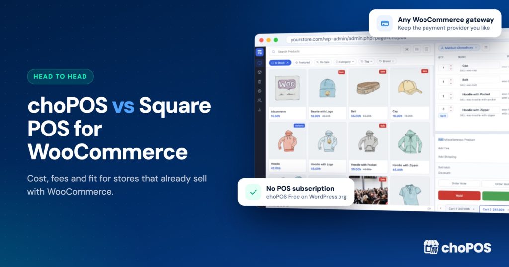 Shop counter with a card reader and receipt printer, illustrating a Square vs WooCommerce POS comparison