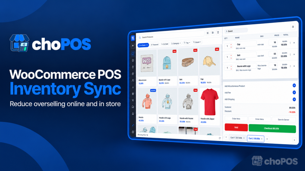 choPOS WooCommerce POS inventory sync banner with the real terminal interface and choPOS watermark