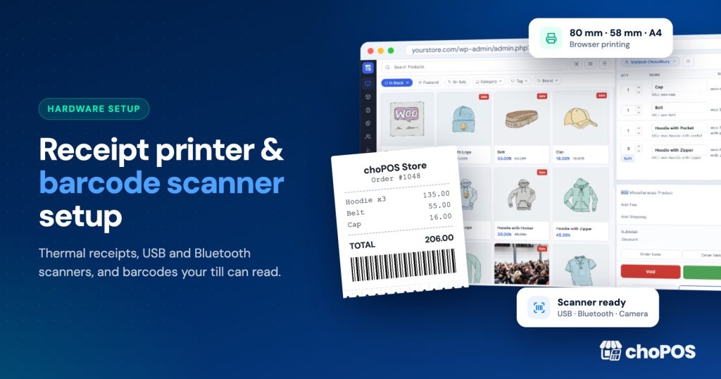 WooCommerce receipt printer and handheld barcode scanner set up on a small shop counter